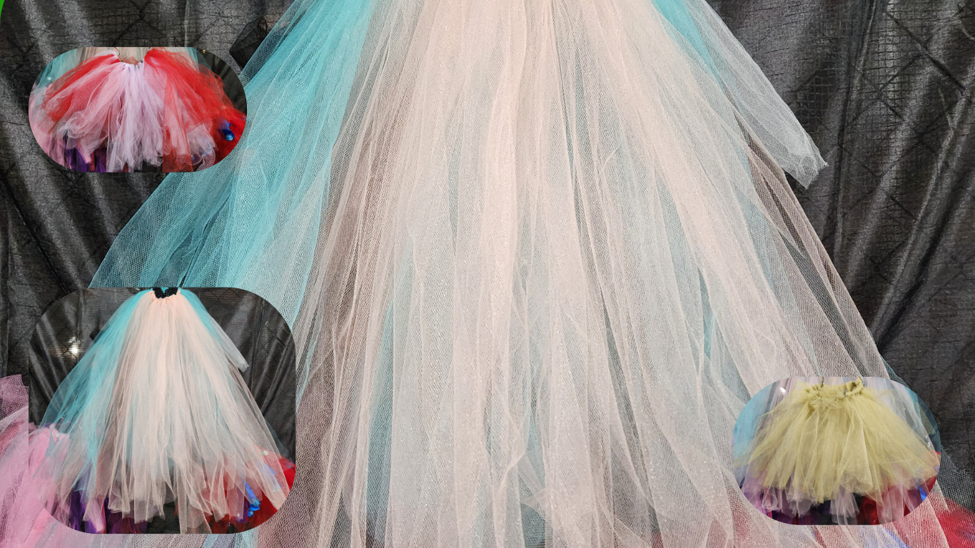 Girls in tutus posing dancing. Various colorful tutus on display. Tutus on sale as well as party hosting with charmed bracelet making crafting.